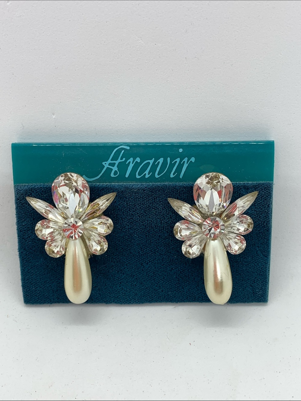 NOS Vintage Faux Pearl & Crystal Drop Flower Earrings